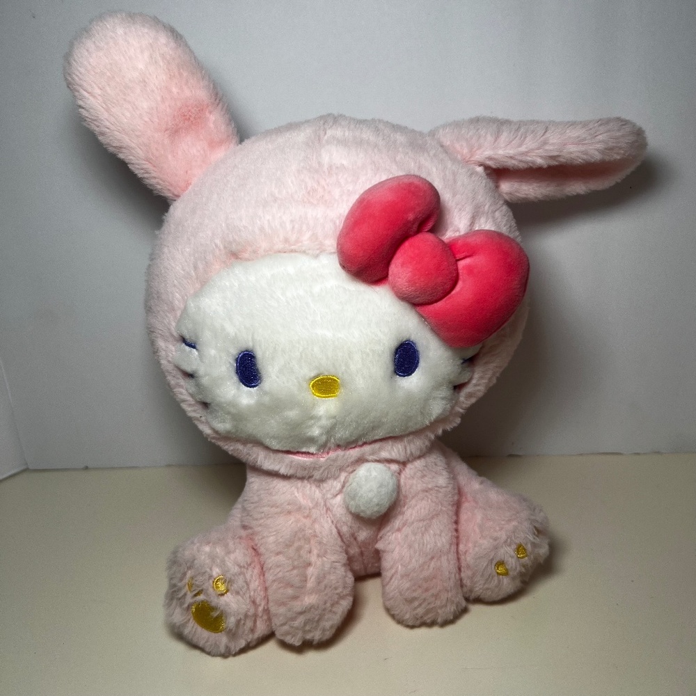 Hello Kitty Sanrio Plush Stuffed Animal in Bunny Suit Bow Pink Fuzzy Kawaii